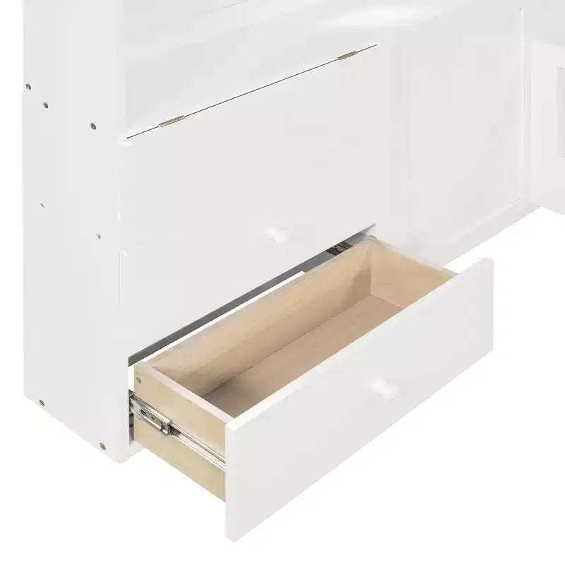 Letto a capanna singolo/una piazza e mezza con piattaforma e finestra, struttura letto con cassetti comodino, mensole, prese elettriche e porta USB, Bianco-ModernLuxe