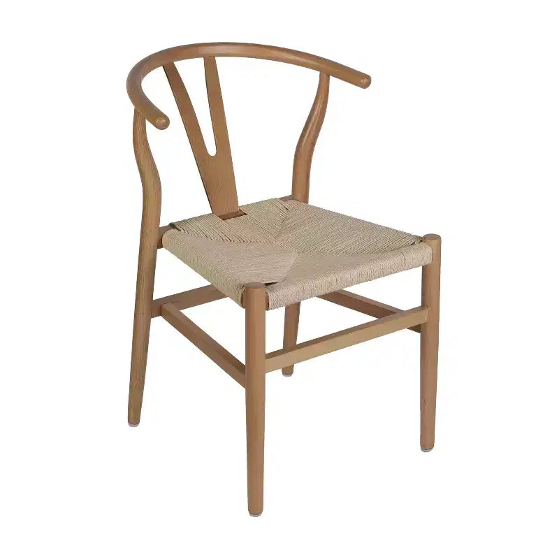 Sedia da pranzo impilabile con schienale a Y, struttura in legno massello, seduta in corda di carta Kraft intrecciata