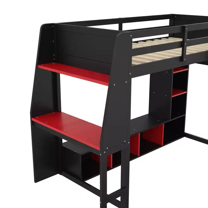 Letto a soppalco da gaming per materasso singolo/una piazza e mezza con scrivania, luci LED, mensole multi-contenitore e appendiabiti, struttura letto in legno salvaspazio