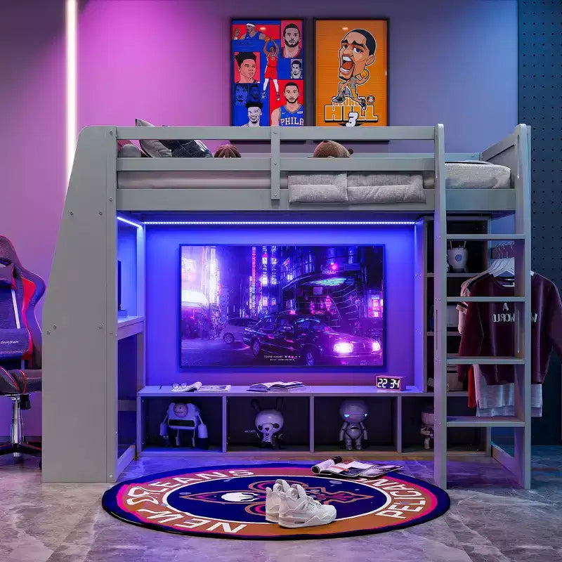 Letto a soppalco da gaming per materasso singolo/una piazza e mezza con scrivania, luci LED, mensole multi-contenitore e appendiabiti, struttura letto in legno salvaspazio