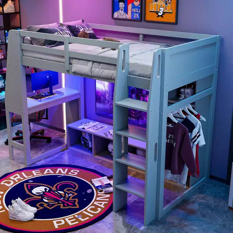 Letto a soppalco da gaming per materasso singolo/una piazza e mezza con scrivania, luci LED, mensole multi-contenitore e appendiabiti, struttura letto in legno salvaspazio