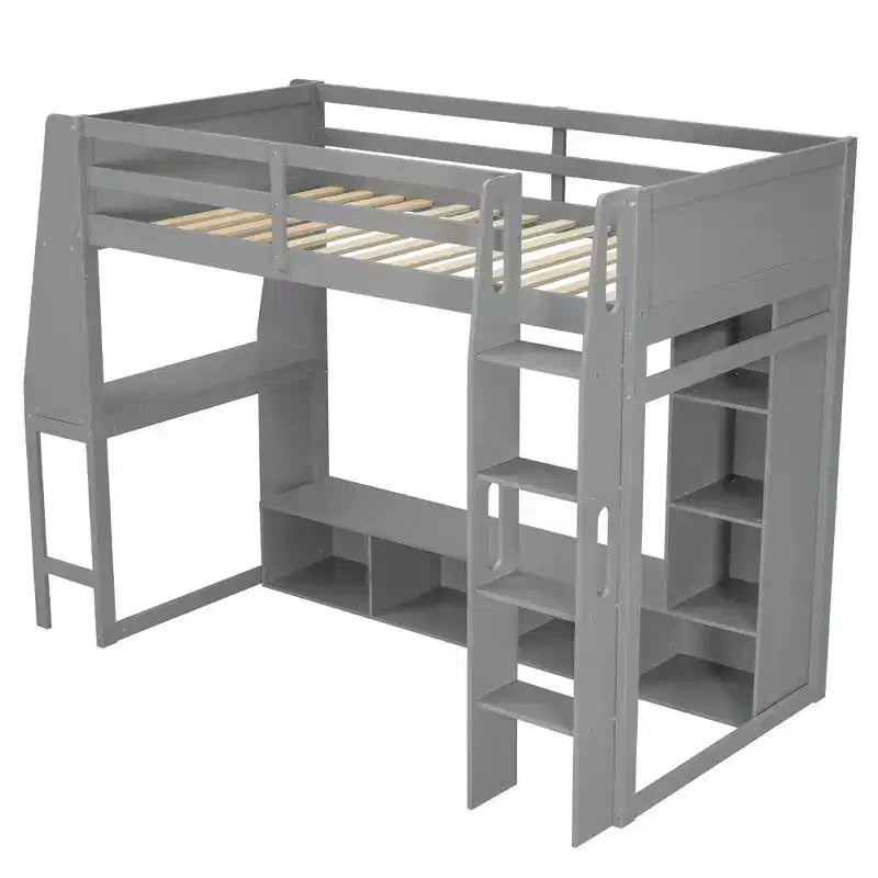 Letto a soppalco da gaming per materasso singolo/una piazza e mezza con scrivania, luci LED, mensole multi-contenitore e appendiabiti, struttura letto in legno salvaspazio