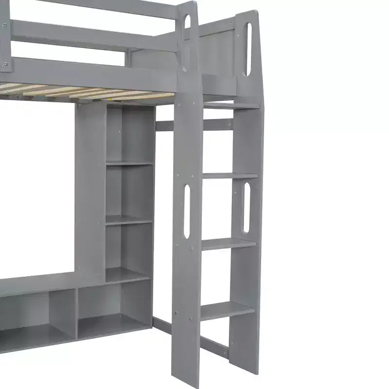 Letto a soppalco da gaming per materasso singolo/una piazza e mezza con scrivania, luci LED, mensole multi-contenitore e appendiabiti, struttura letto in legno salvaspazio