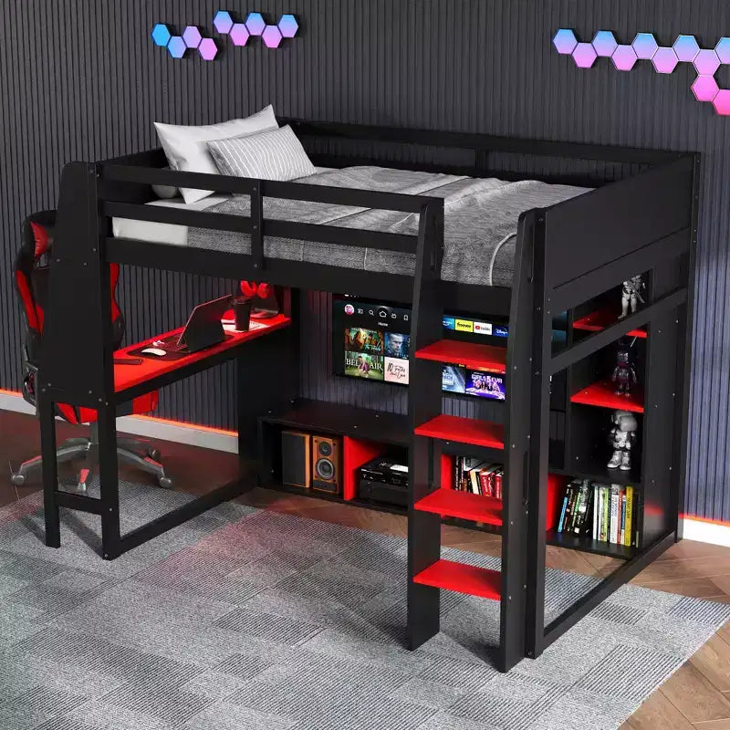 Letto a soppalco da gaming per materasso singolo/una piazza e mezza con scrivania, luci LED, mensole multi-contenitore e appendiabiti, struttura letto in legno salvaspazio