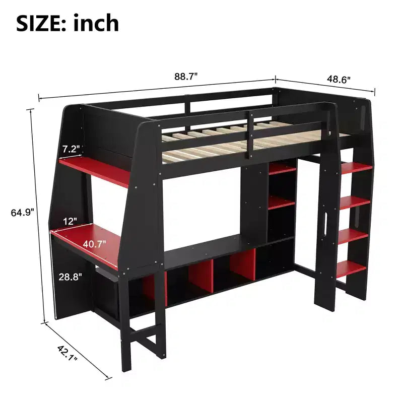 Letto a soppalco da gaming per materasso singolo/una piazza e mezza con scrivania, luci LED, mensole multi-contenitore e appendiabiti, struttura letto in legno salvaspazio
