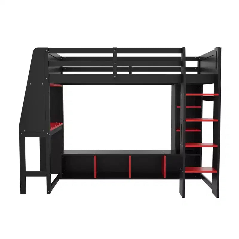 Letto a soppalco da gaming per materasso singolo/una piazza e mezza con scrivania, luci LED, mensole multi-contenitore e appendiabiti, struttura letto in legno salvaspazio