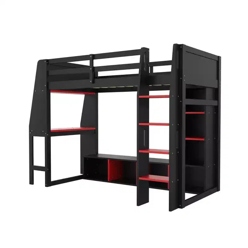 Letto a soppalco da gaming per materasso singolo/una piazza e mezza con scrivania, luci LED, mensole multi-contenitore e appendiabiti, struttura letto in legno salvaspazio