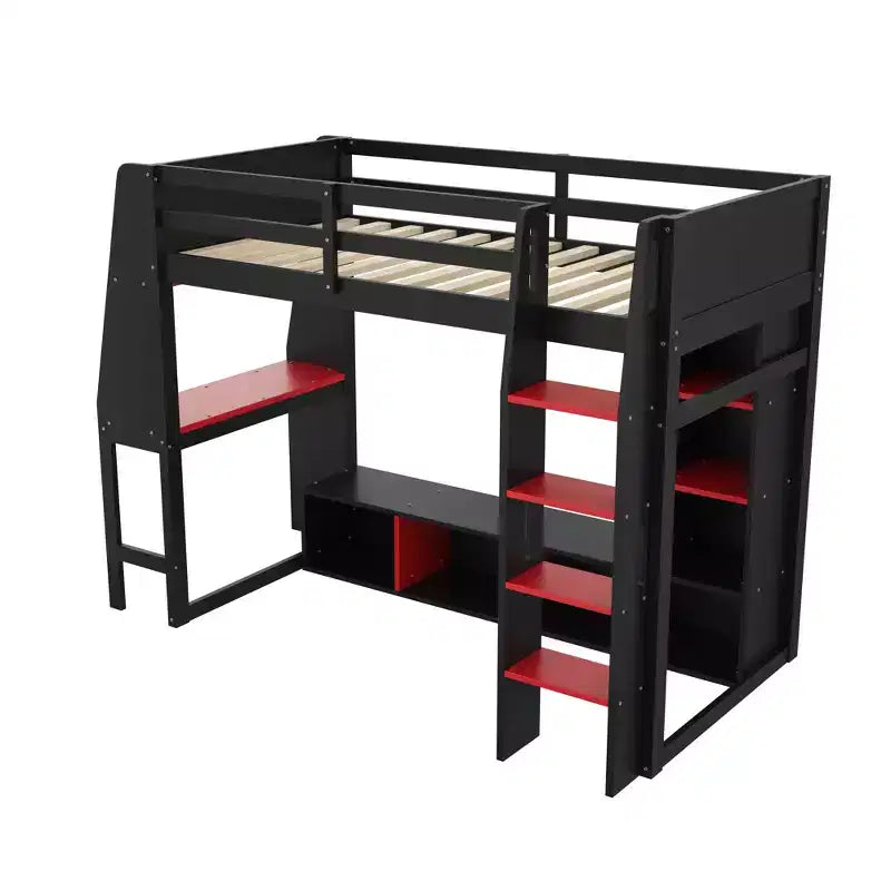 Letto a soppalco da gaming per materasso singolo/una piazza e mezza con scrivania, luci LED, mensole multi-contenitore e appendiabiti, struttura letto in legno salvaspazio