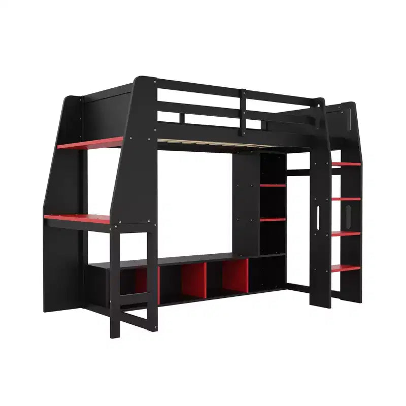Letto a soppalco da gaming per materasso singolo/una piazza e mezza con scrivania, luci LED, mensole multi-contenitore e appendiabiti, struttura letto in legno salvaspazio