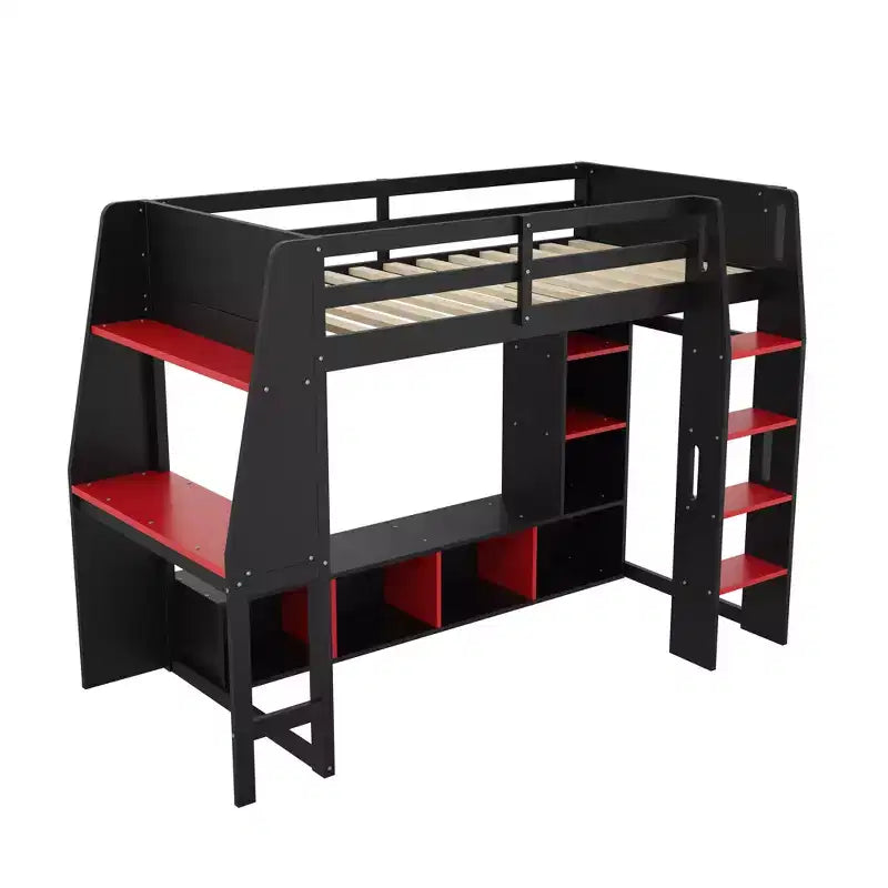 Letto a soppalco da gaming per materasso singolo/una piazza e mezza con scrivania, luci LED, mensole multi-contenitore e appendiabiti, struttura letto in legno salvaspazio