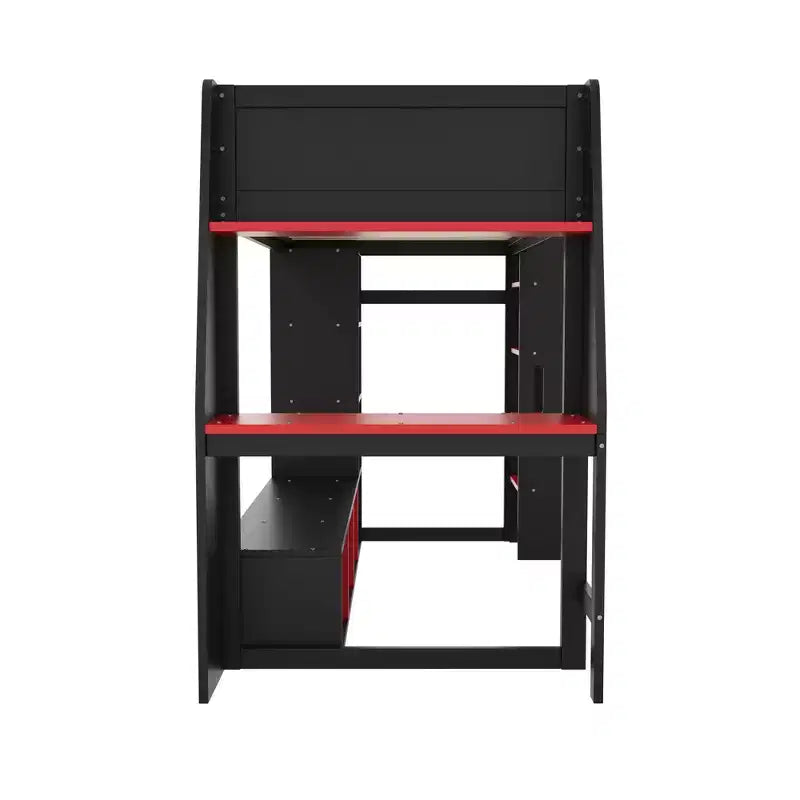 Letto a soppalco da gaming per materasso singolo/una piazza e mezza con scrivania, luci LED, mensole multi-contenitore e appendiabiti, struttura letto in legno salvaspazio