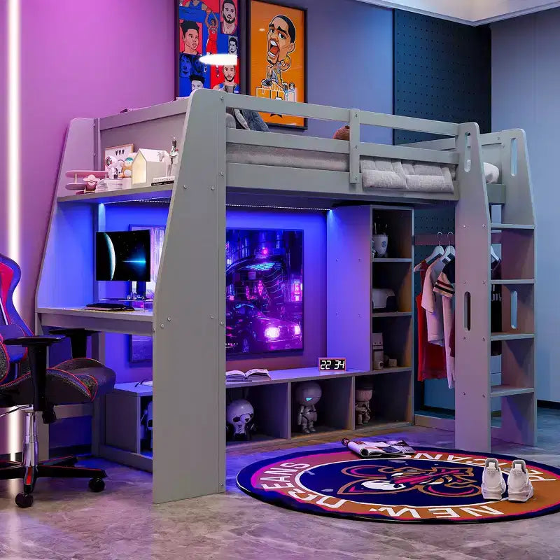 Letto a soppalco da gaming per materasso singolo/una piazza e mezza con scrivania, luci LED, mensole multi-contenitore e appendiabiti, struttura letto in legno salvaspazio