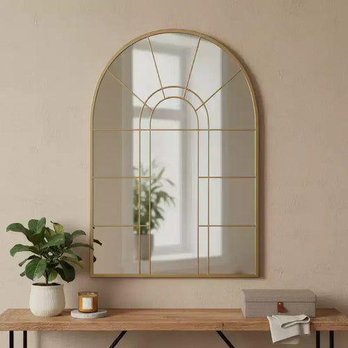Specchio decorativo con cornice in metallo nero e pannelli effetto finestra ad arco, 41 pollici