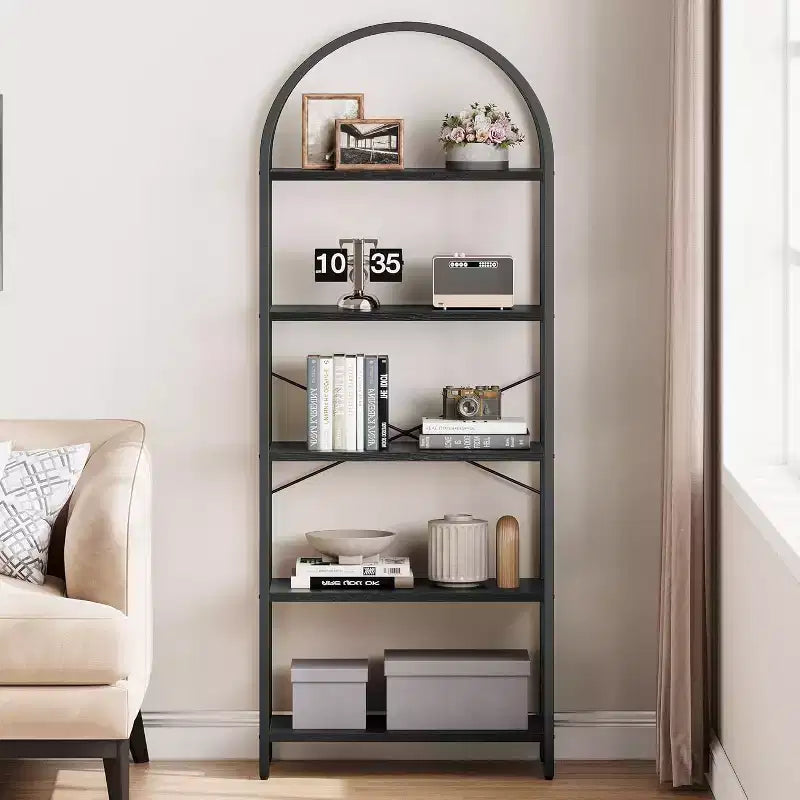 Libreria a 5 ripiani aperta ad arco, scaffali moderni con struttura in metallo, espositore autoportante per camera da letto, soggiorno, ufficio
