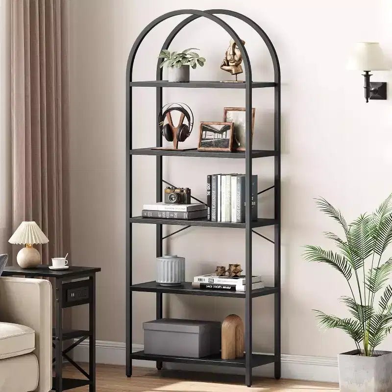Libreria a 5 ripiani aperta ad arco, scaffali moderni con struttura in metallo, espositore autoportante per camera da letto, soggiorno, ufficio