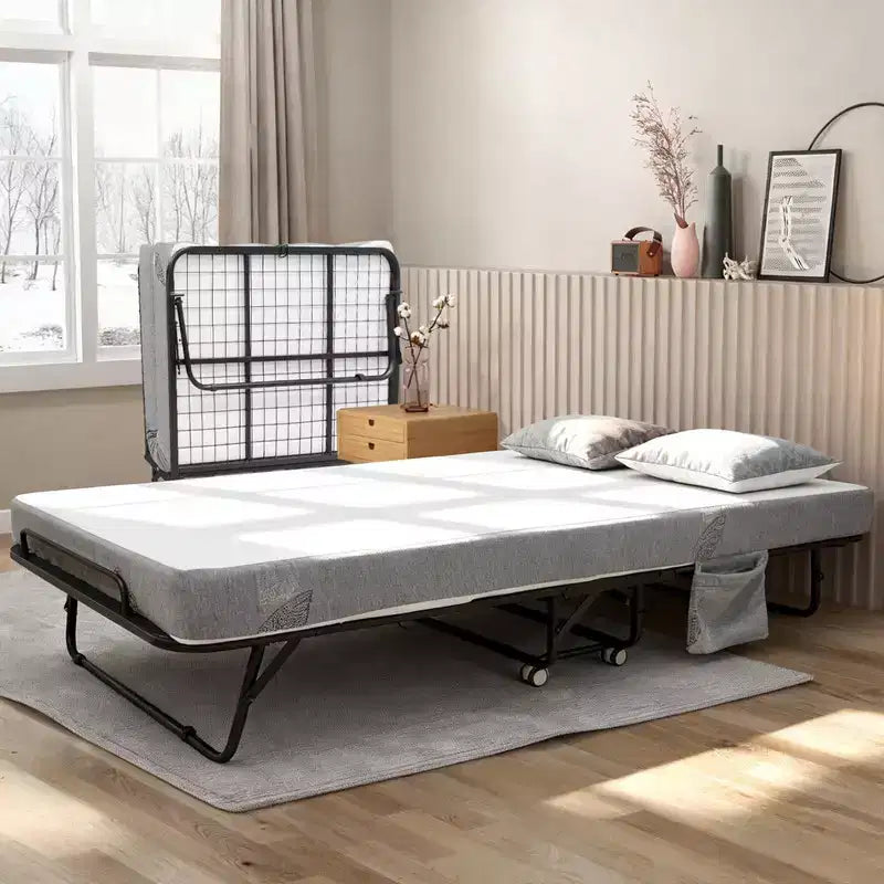 Letto pieghevole con materasso, lettino pieghevole portatile su ruote con tasca laterale portaoggetti per ufficio, camera da letto, salvaspazio, facile da riporre