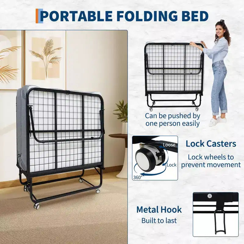 Letto pieghevole con materasso, lettino pieghevole portatile su ruote con tasca laterale portaoggetti per ufficio, camera da letto, salvaspazio, facile da riporre