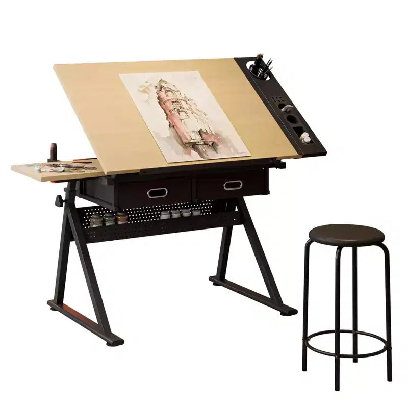 Tavolo da Disegno Regolabile in Altezza, Tavolo da Disegno Inclinabile 0-75° Scrivania da Arte per Adulti, Scrivania per Artisti con 2 Cassetti portaoggetti con Sgabello per Ufficio Domestico
