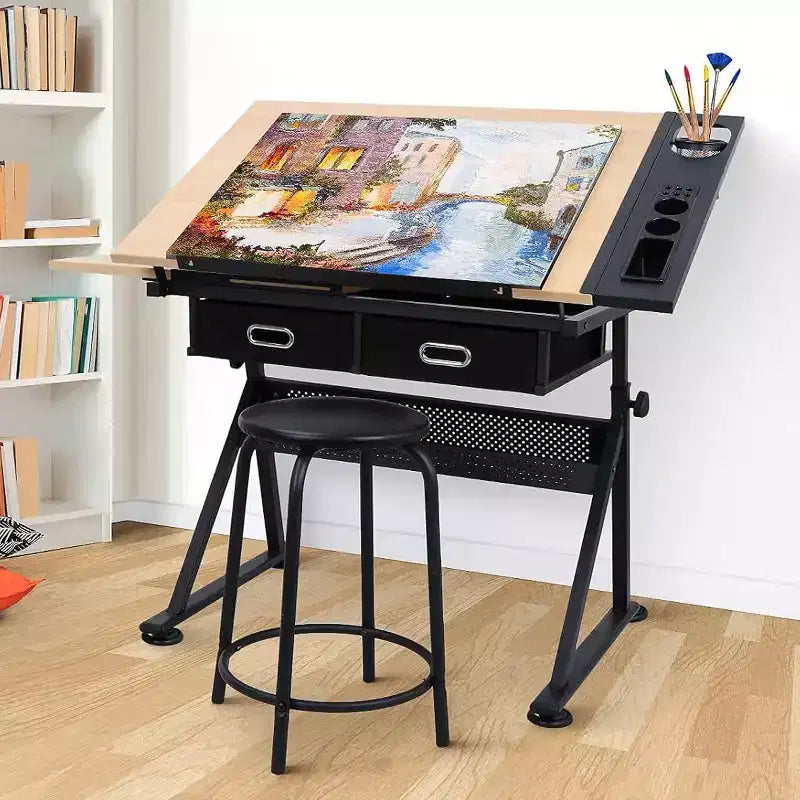 Tavolo da Disegno Regolabile in Altezza, Tavolo da Disegno Inclinabile 0-75° Scrivania da Arte per Adulti, Scrivania per Artisti con 2 Cassetti portaoggetti con Sgabello per Ufficio Domestico
