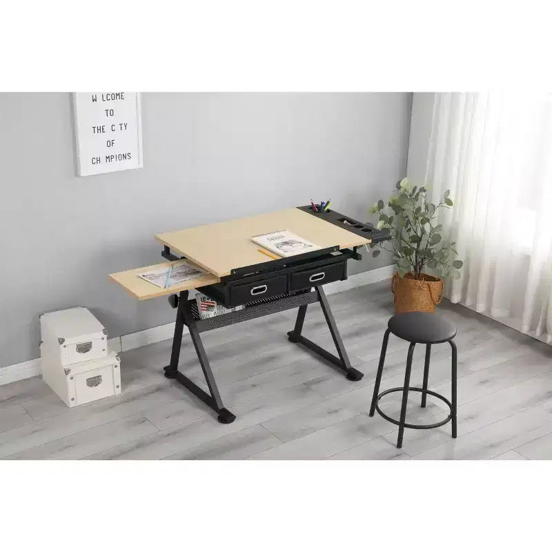 Tavolo da Disegno Regolabile in Altezza, Tavolo da Disegno Inclinabile 0-75° Scrivania da Arte per Adulti, Scrivania per Artisti con 2 Cassetti portaoggetti con Sgabello per Ufficio Domestico
