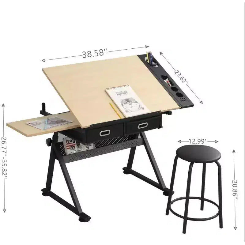 Tavolo da Disegno Regolabile in Altezza, Tavolo da Disegno Inclinabile 0-75° Scrivania da Arte per Adulti, Scrivania per Artisti con 2 Cassetti portaoggetti con Sgabello per Ufficio Domestico
