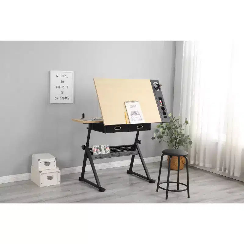 Tavolo da Disegno Regolabile in Altezza, Tavolo da Disegno Inclinabile 0-75° Scrivania da Arte per Adulti, Scrivania per Artisti con 2 Cassetti portaoggetti con Sgabello per Ufficio Domestico