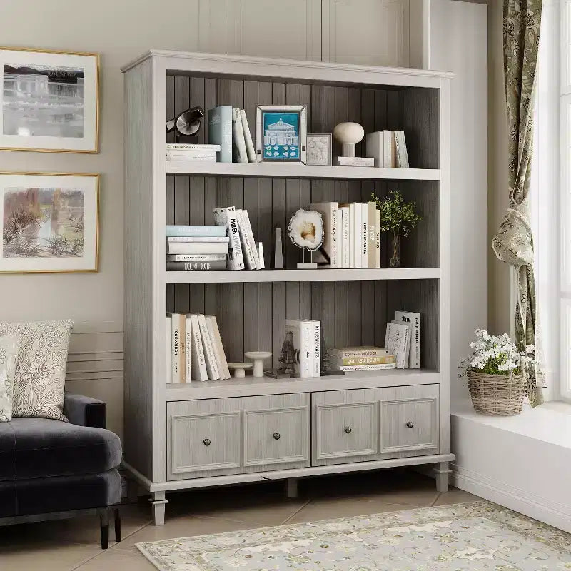 Vetrina Grigio Chiaro con Gambe Decorative, Libreria Retrò con 3 Ripiani Aperti + 4 Cassetti, Centro di Stoccaggio per Ufficio Domestico