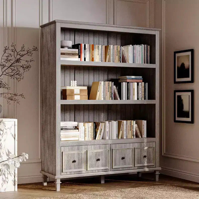 Vetrina Grigio Chiaro con Gambe Decorative, Libreria Retrò con 3 Ripiani Aperti + 4 Cassetti, Centro di Stoccaggio per Ufficio Domestico