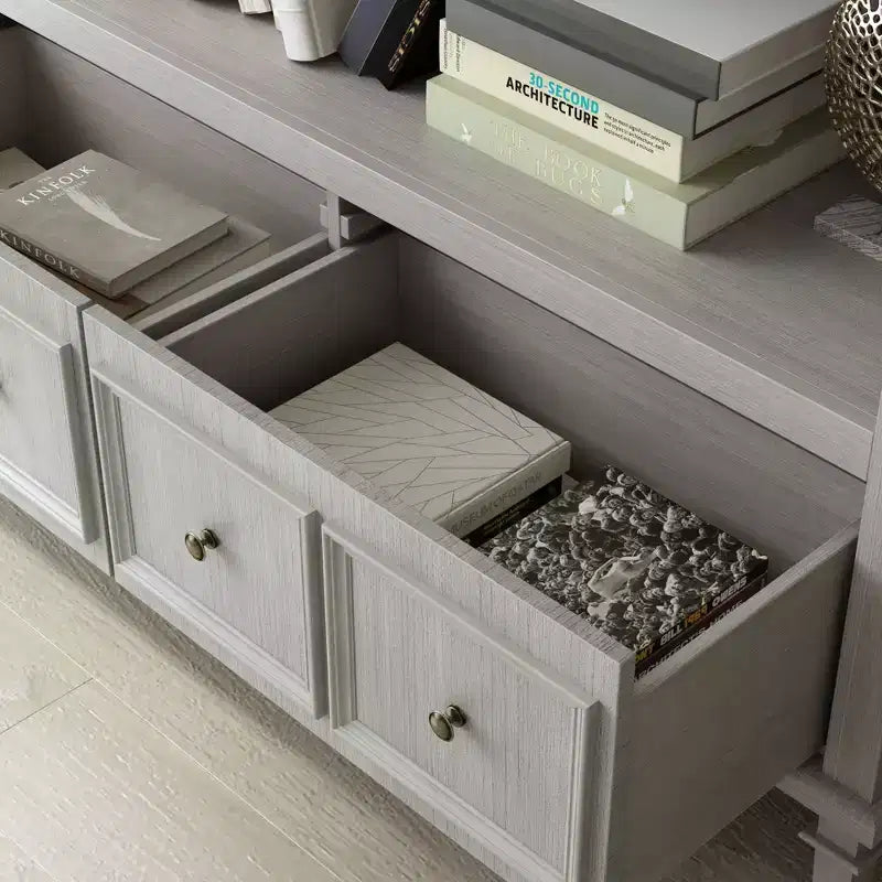 Vetrina Grigio Chiaro con Gambe Decorative, Libreria Retrò con 3 Ripiani Aperti + 4 Cassetti, Centro di Stoccaggio per Ufficio Domestico