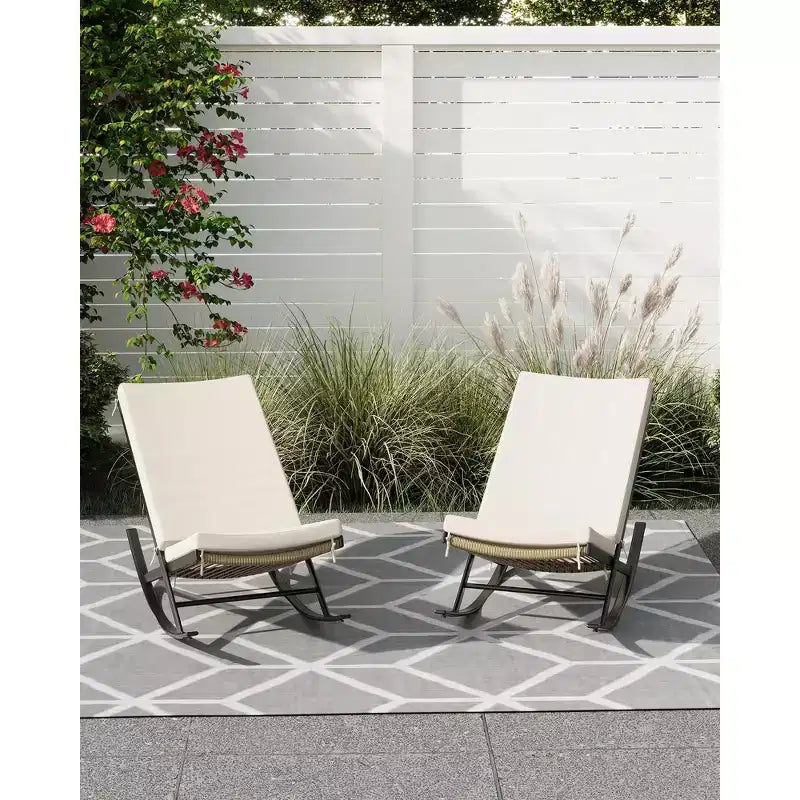 Set da 2 Sedie a Dondolo da Esterno, Sedie a Dondolo da Giardino, Sedie a Dondolo in Rattan per Esterni con Cuscini per Portico, Giardino