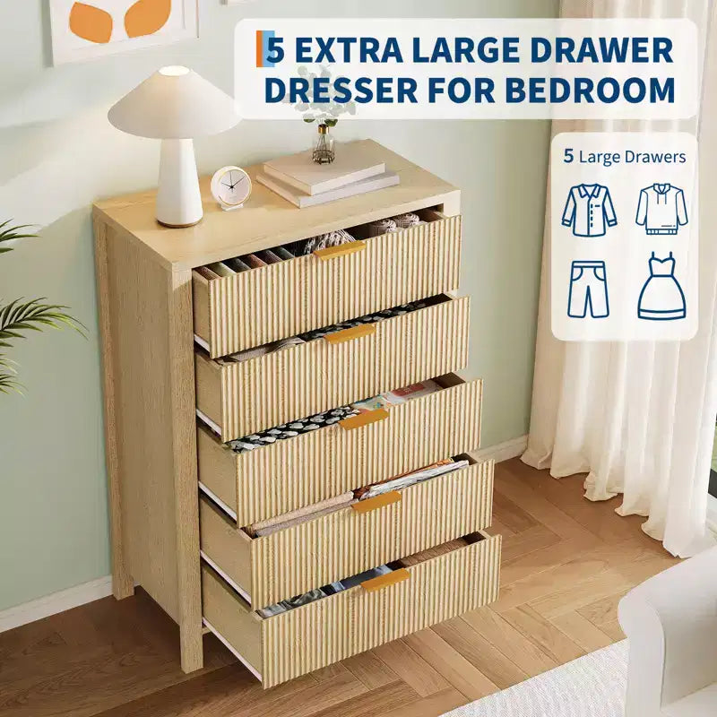Cassettiera scanalata a 5 cassetti, cassettiera sottile in legno alta 114 cm per piccoli spazi, cassettiera moderna in stile rustico per camera da letto, cameretta, appartamento