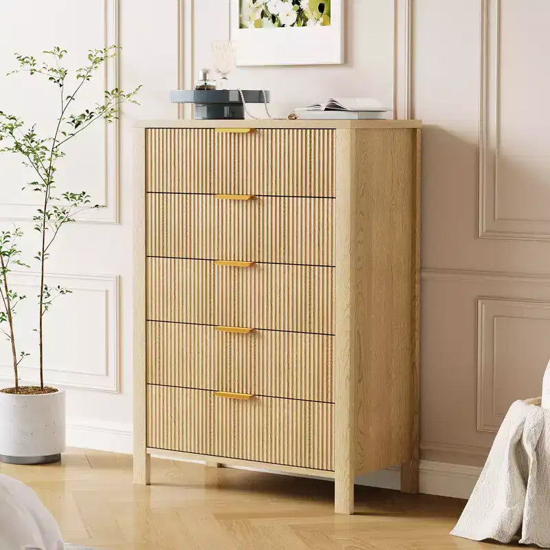 Cassettiera scanalata a 5 cassetti, cassettiera sottile in legno alta 114 cm per piccoli spazi, cassettiera moderna in stile rustico per camera da letto, cameretta, appartamento