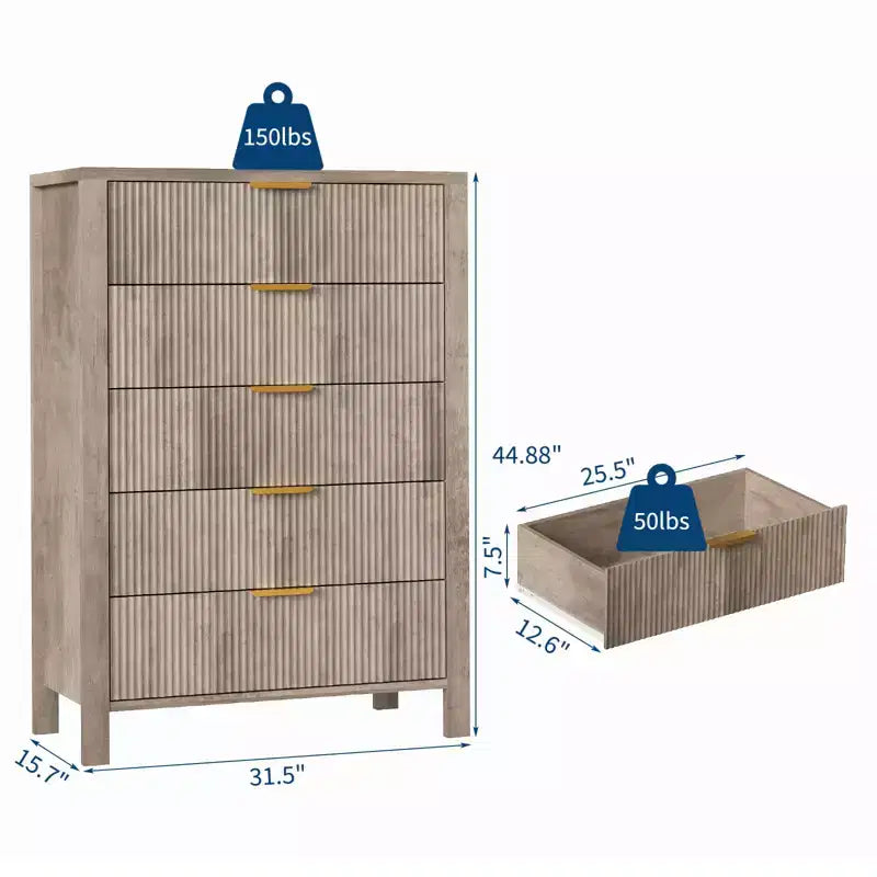 Cassettiera scanalata a 5 cassetti, cassettiera sottile in legno alta 114 cm per piccoli spazi, cassettiera moderna in stile rustico per camera da letto, cameretta, appartamento