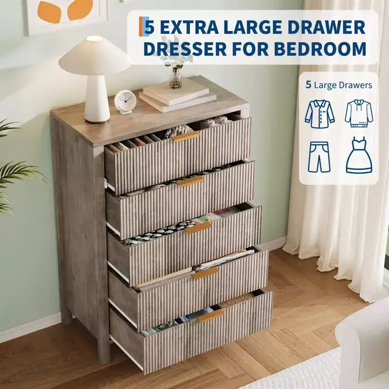 Cassettiera scanalata a 5 cassetti, cassettiera sottile in legno alta 114 cm per piccoli spazi, cassettiera moderna in stile rustico per camera da letto, cameretta, appartamento