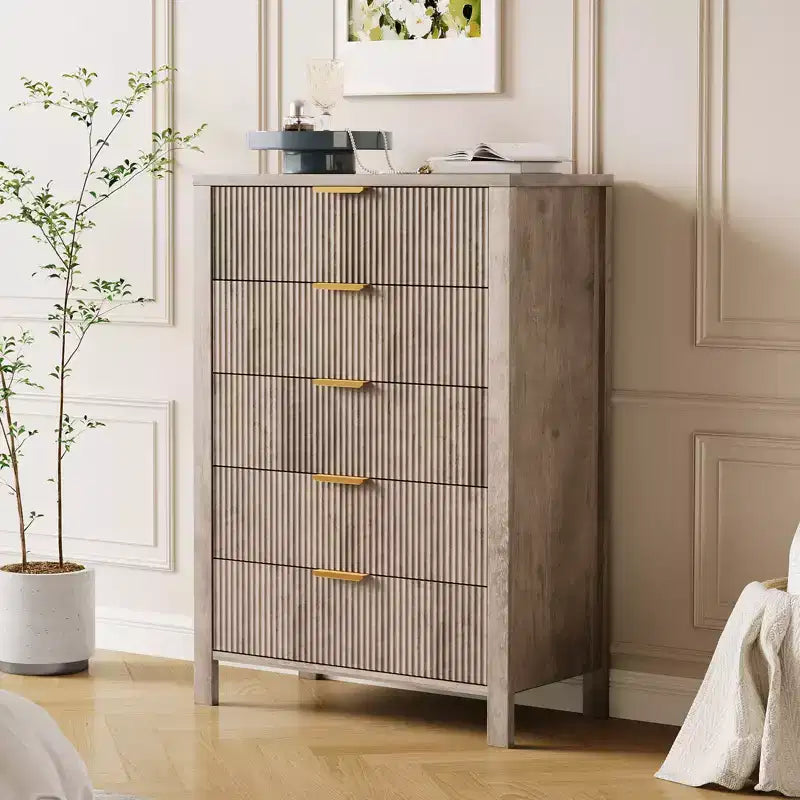 Cassettiera scanalata a 5 cassetti, cassettiera sottile in legno alta 114 cm per piccoli spazi, cassettiera moderna in stile rustico per camera da letto, cameretta, appartamento
