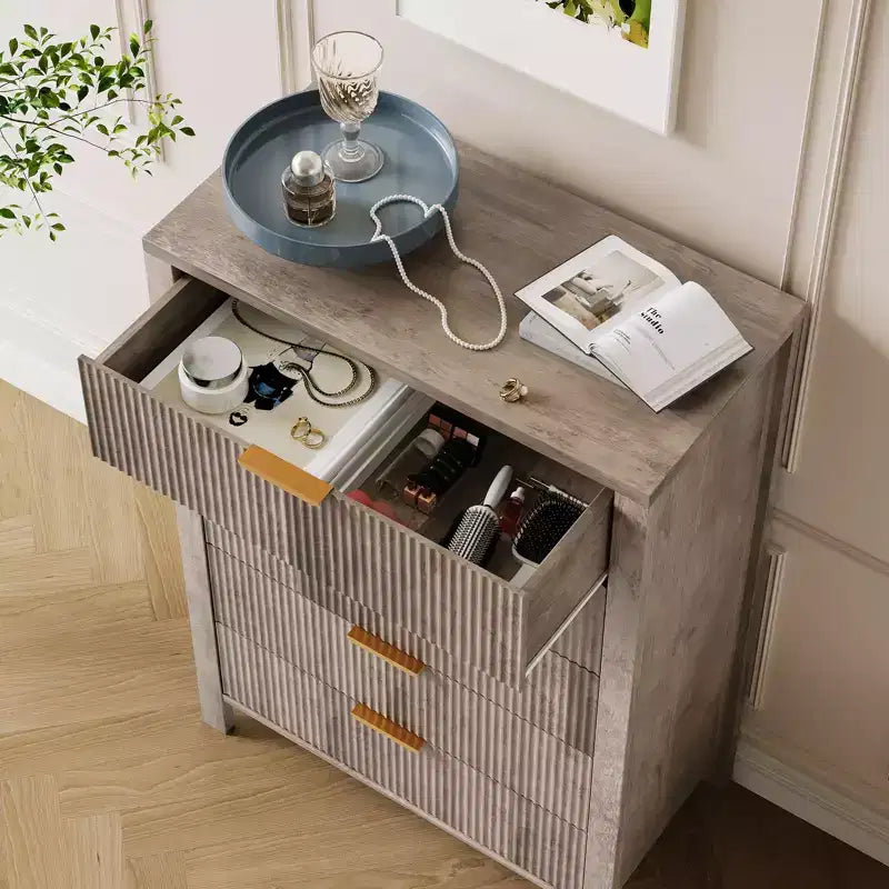 Cassettiera scanalata a 5 cassetti, cassettiera sottile in legno alta 114 cm per piccoli spazi, cassettiera moderna in stile rustico per camera da letto, cameretta, appartamento