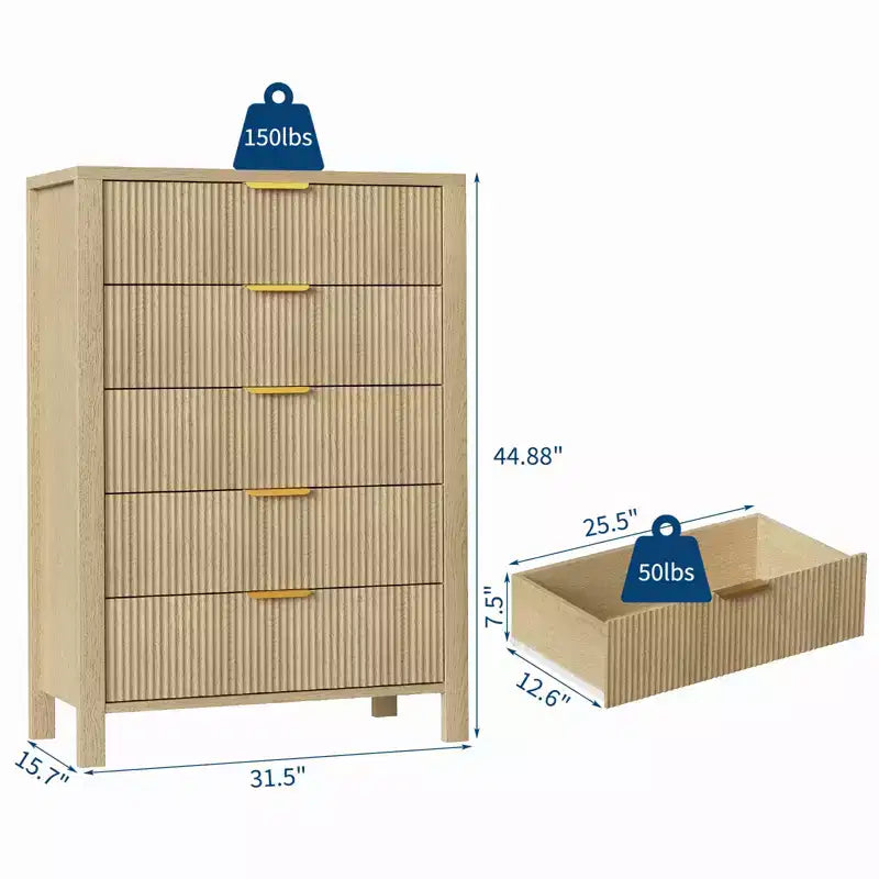 Cassettiera scanalata a 5 cassetti, cassettiera sottile in legno alta 114 cm per piccoli spazi, cassettiera moderna in stile rustico per camera da letto, cameretta, appartamento