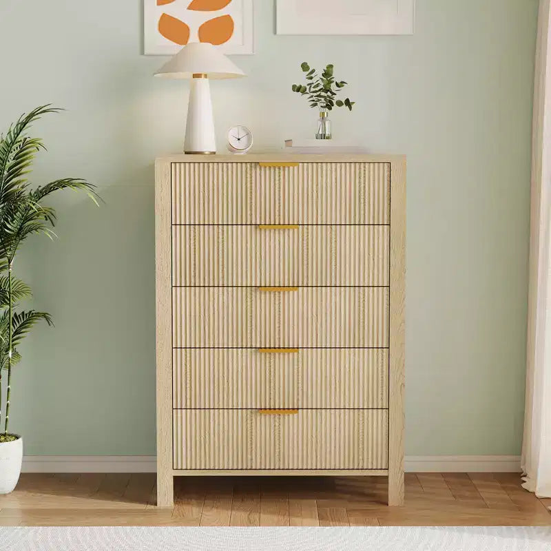 Cassettiera scanalata a 5 cassetti, cassettiera sottile in legno alta 114 cm per piccoli spazi, cassettiera moderna in stile rustico per camera da letto, cameretta, appartamento