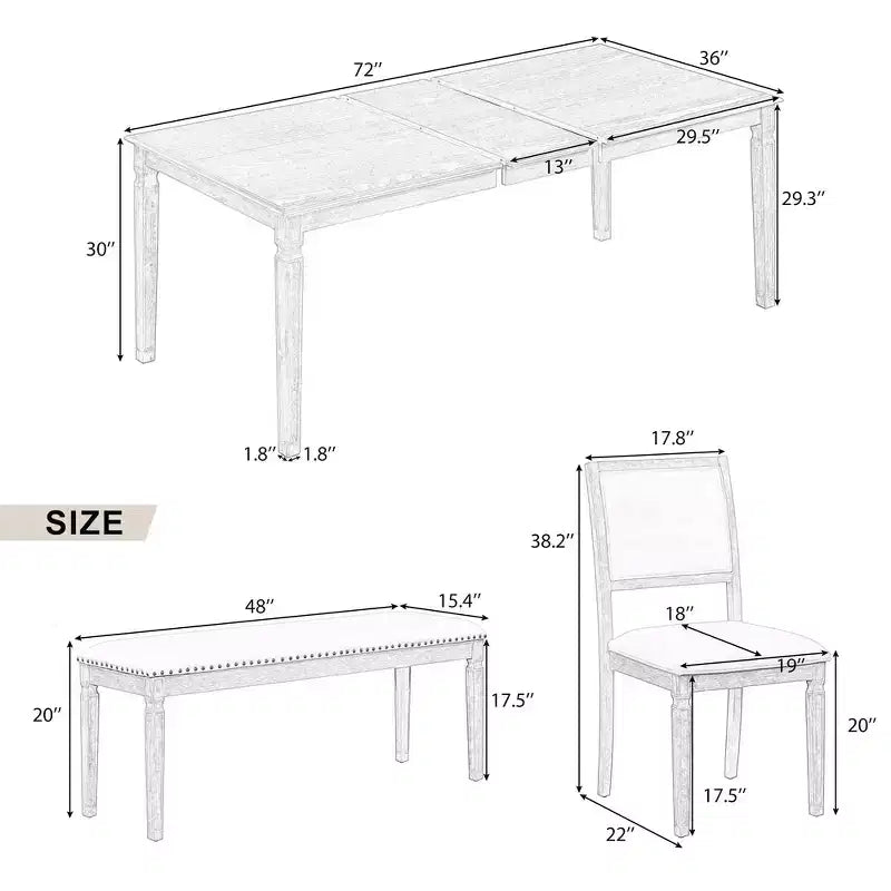 Set tavolo da pranzo vintage e set tavolo da cucina rustico per 6 persone con 4 sedie e panca e gambe intagliate in stile retrò