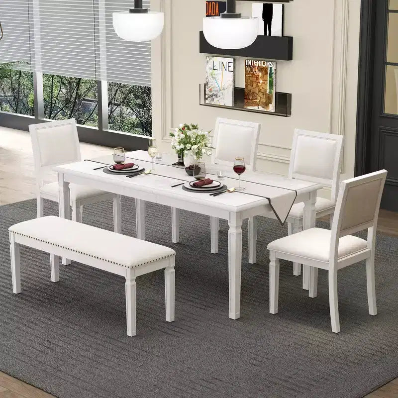 Set tavolo da pranzo vintage e set tavolo da cucina rustico per 6 persone con 4 sedie e panca e gambe intagliate in stile retrò