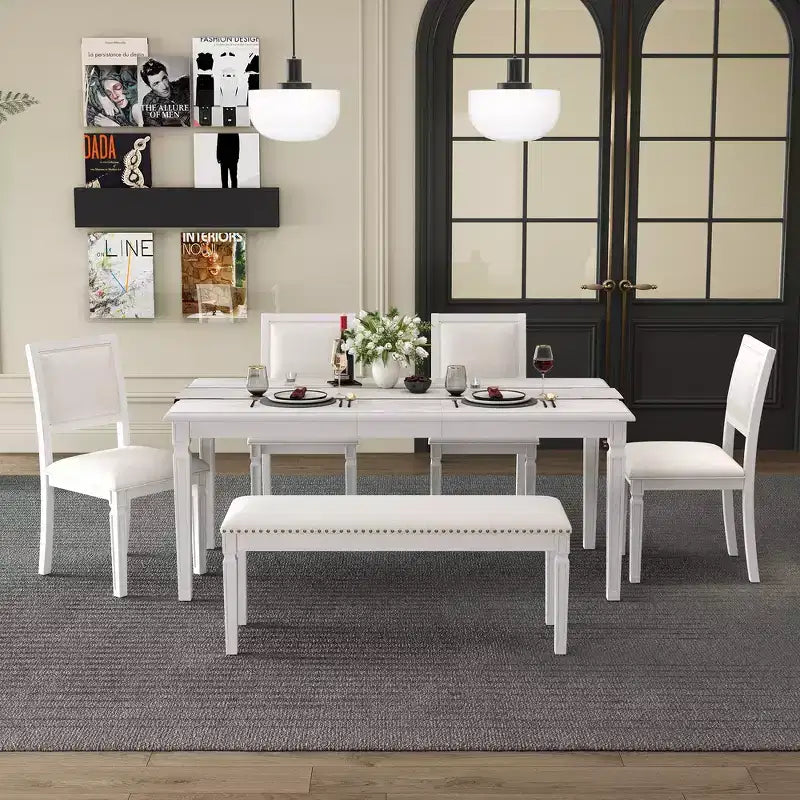 Set tavolo da pranzo vintage e set tavolo da cucina rustico per 6 persone con 4 sedie e panca e gambe intagliate in stile retrò
