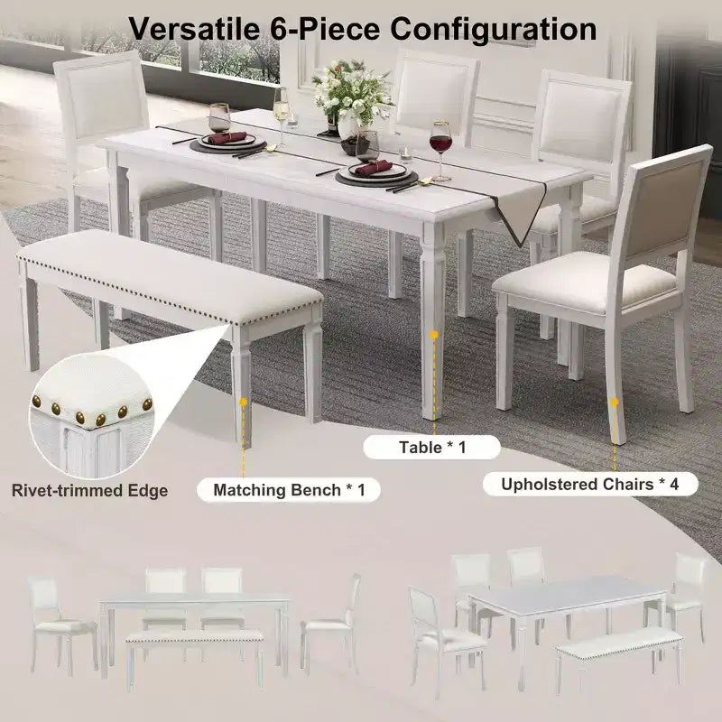 Set tavolo da pranzo vintage e set tavolo da cucina rustico per 6 persone con 4 sedie e panca e gambe intagliate in stile retrò
