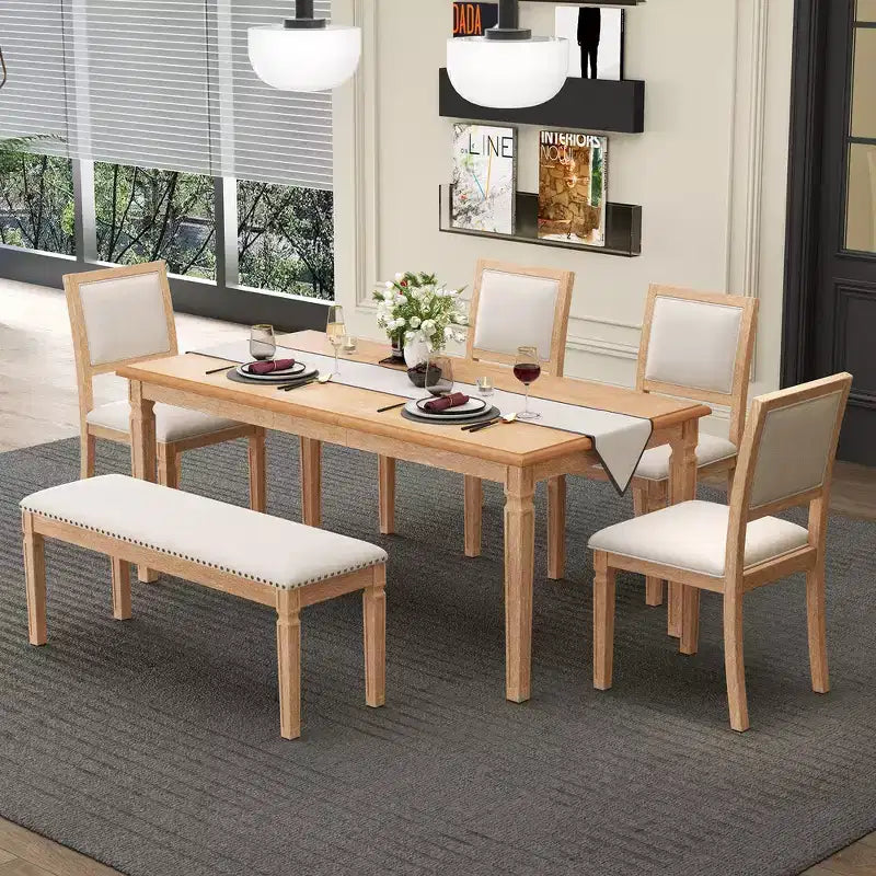 Set tavolo da pranzo vintage e set tavolo da cucina rustico per 6 persone con 4 sedie e panca e gambe intagliate in stile retrò