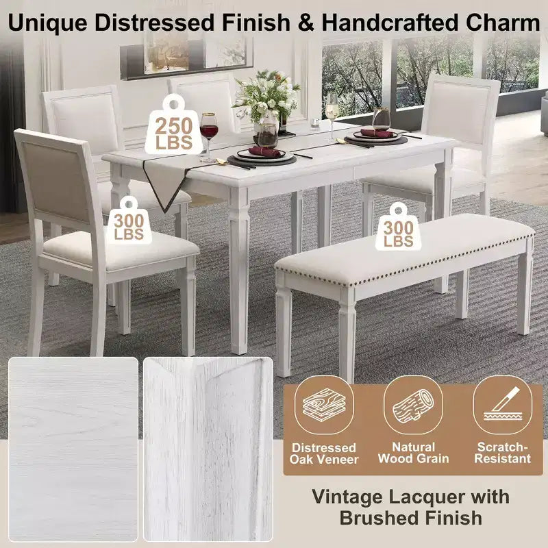 Set tavolo da pranzo vintage e set tavolo da cucina rustico per 6 persone con 4 sedie e panca e gambe intagliate in stile retrò