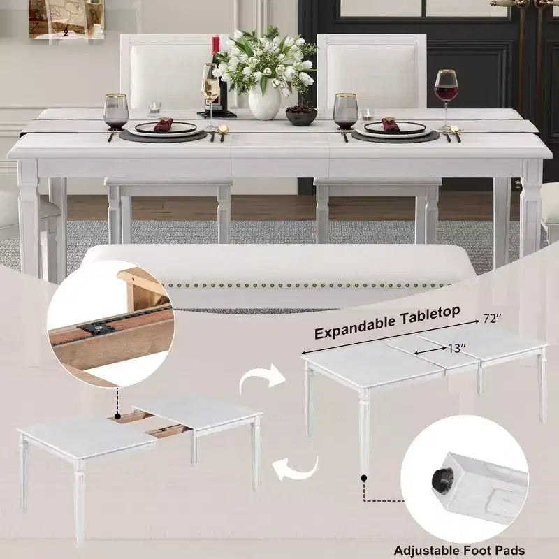 Set tavolo da pranzo vintage e set tavolo da cucina rustico per 6 persone con 4 sedie e panca e gambe intagliate in stile retrò
