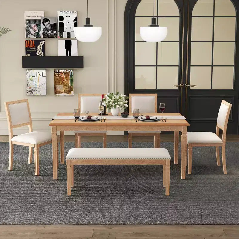 Set tavolo da pranzo vintage e set tavolo da cucina rustico per 6 persone con 4 sedie e panca e gambe intagliate in stile retrò