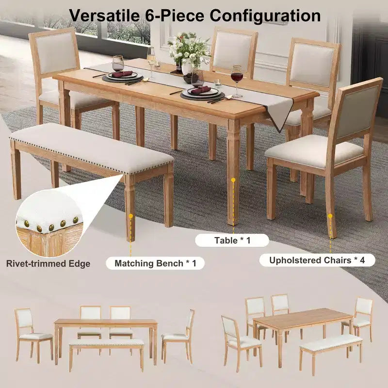 Set tavolo da pranzo vintage e set tavolo da cucina rustico per 6 persone con 4 sedie e panca e gambe intagliate in stile retrò