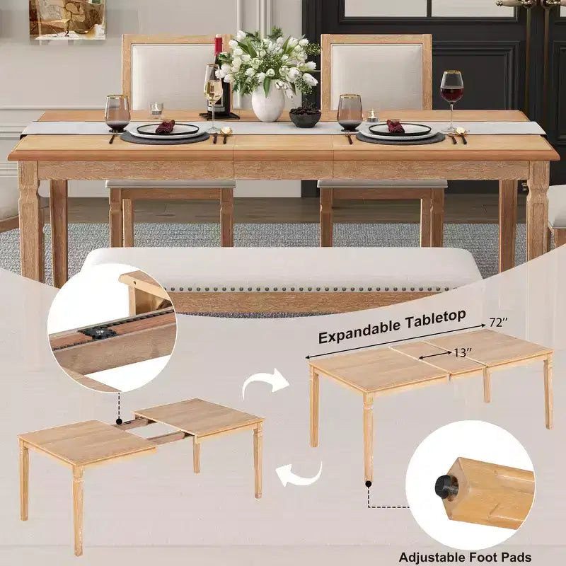 Set tavolo da pranzo vintage e set tavolo da cucina rustico per 6 persone con 4 sedie e panca e gambe intagliate in stile retrò