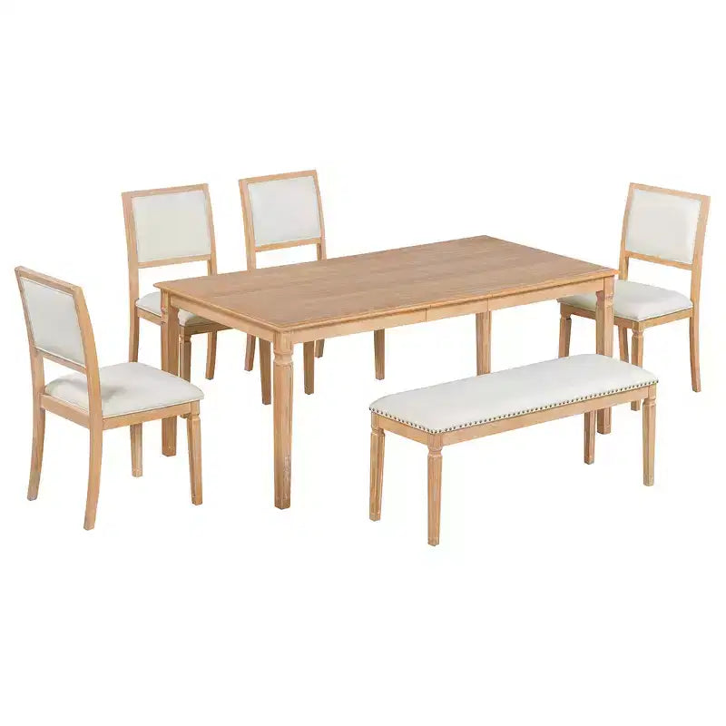 Set tavolo da pranzo vintage e set tavolo da cucina rustico per 6 persone con 4 sedie e panca e gambe intagliate in stile retrò