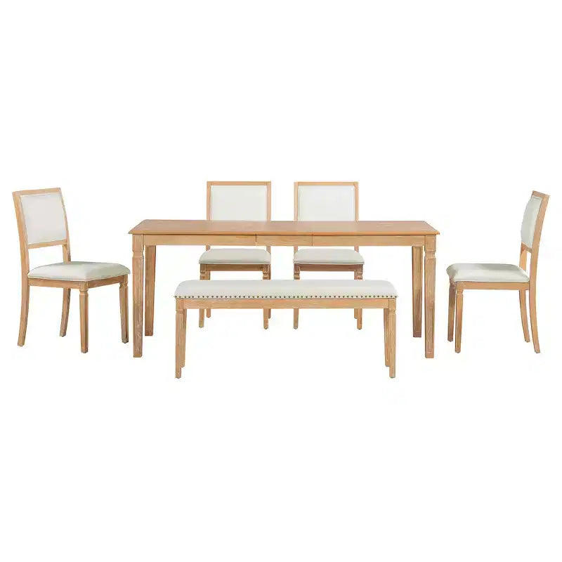 Set tavolo da pranzo vintage e set tavolo da cucina rustico per 6 persone con 4 sedie e panca e gambe intagliate in stile retrò